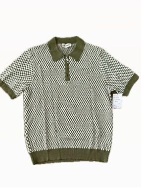 Men’s Industry Olive and White Check Polo Shirt, collar with zipper